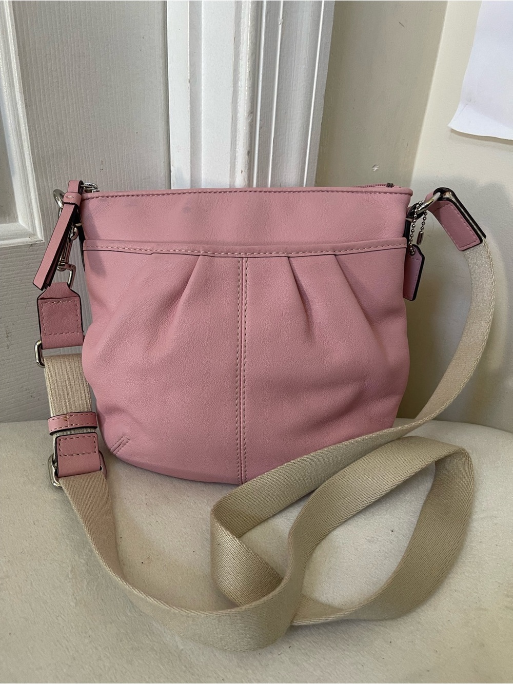 Coach Pink Leather Pleated Crossbody Bag with Canvas Strap